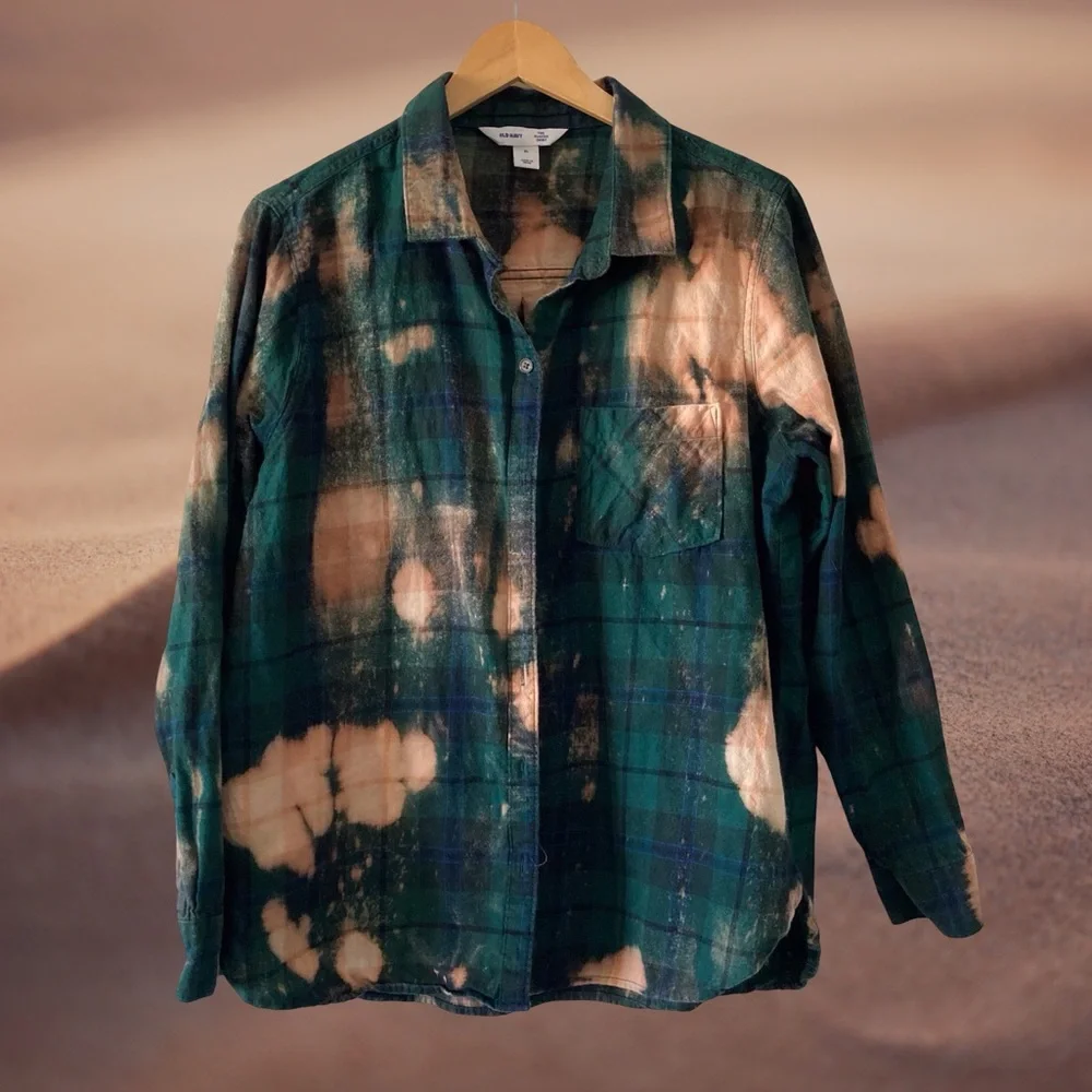 Custom Flannel Shirt XL Green Peach Desert Graphic Boho Festival - Picture 2 of 11